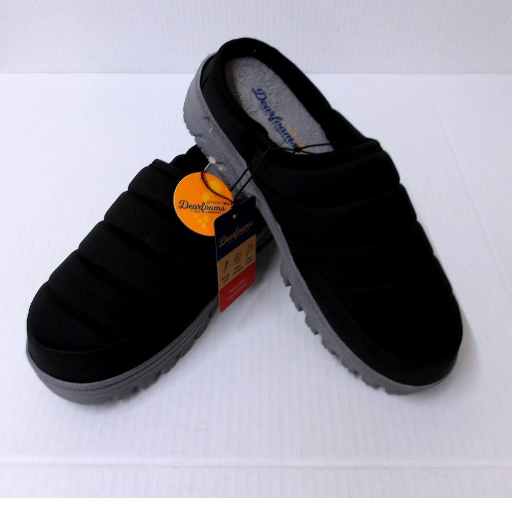 Dearfoams Mens Quilted Clog Slippers Black Grey Memory Foam 7/8 #26712‎